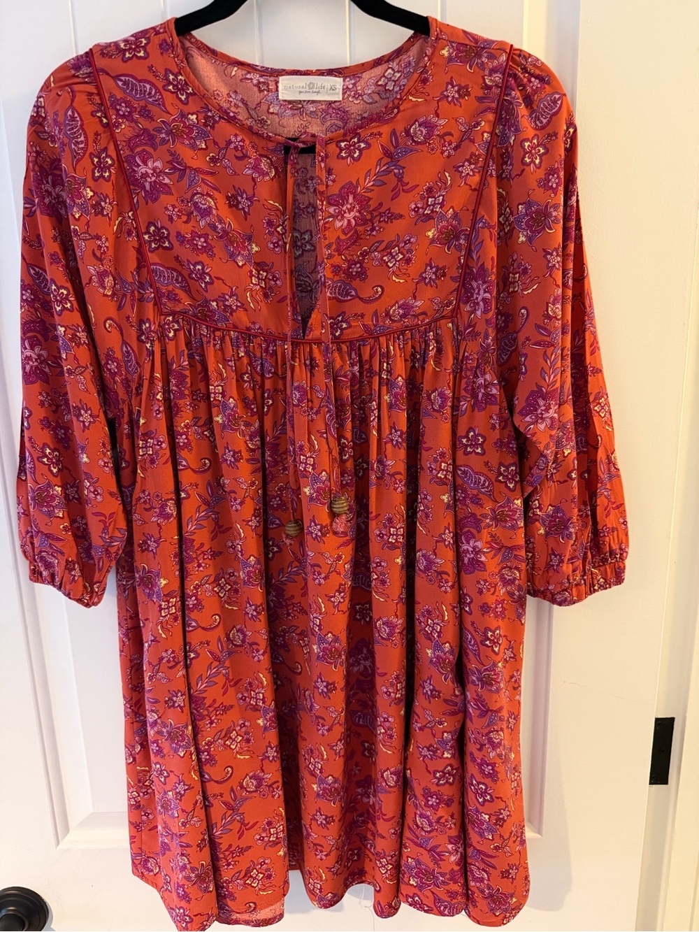 NATURAL LIFE  Boho Coral and Purple Floral V-Neck, Mini Dress Size XS - Picture 3 of 11